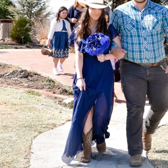 Ruffle slit navy blue prom dress - Picture 3 of 4